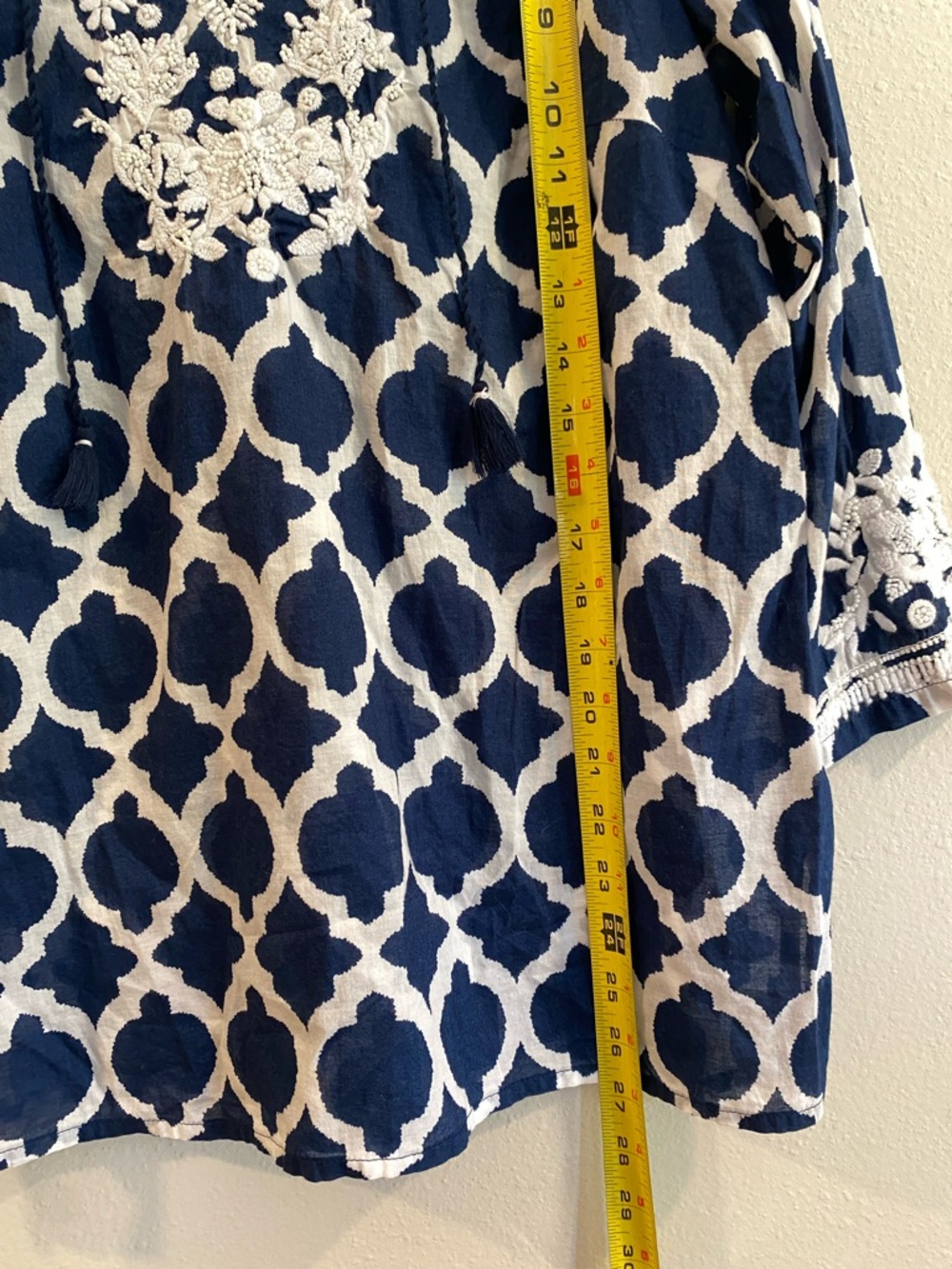 Talbots Navy White Lattice Embroidered Tunic Cotton Boho Peasant Top Size Medium - Picture 7 of 10